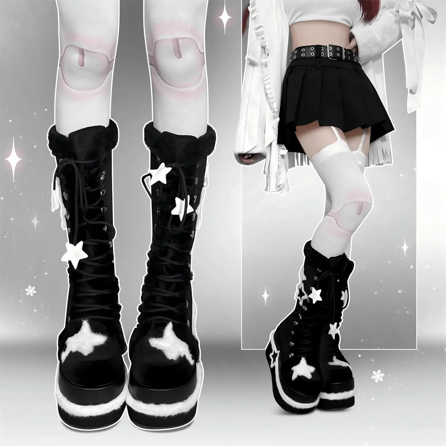 GURURU Women's Goth Boots with Star Shape Elements - Mid Calf, Chunky High Heel, Punk Goth, Warm Fur Platform Boots
