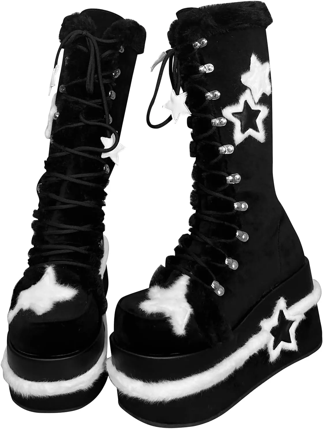 GURURU Women's Goth Boots with Star Shape Elements - Mid Calf, Chunky High Heel, Punk Goth, Warm Fur Platform Boots
