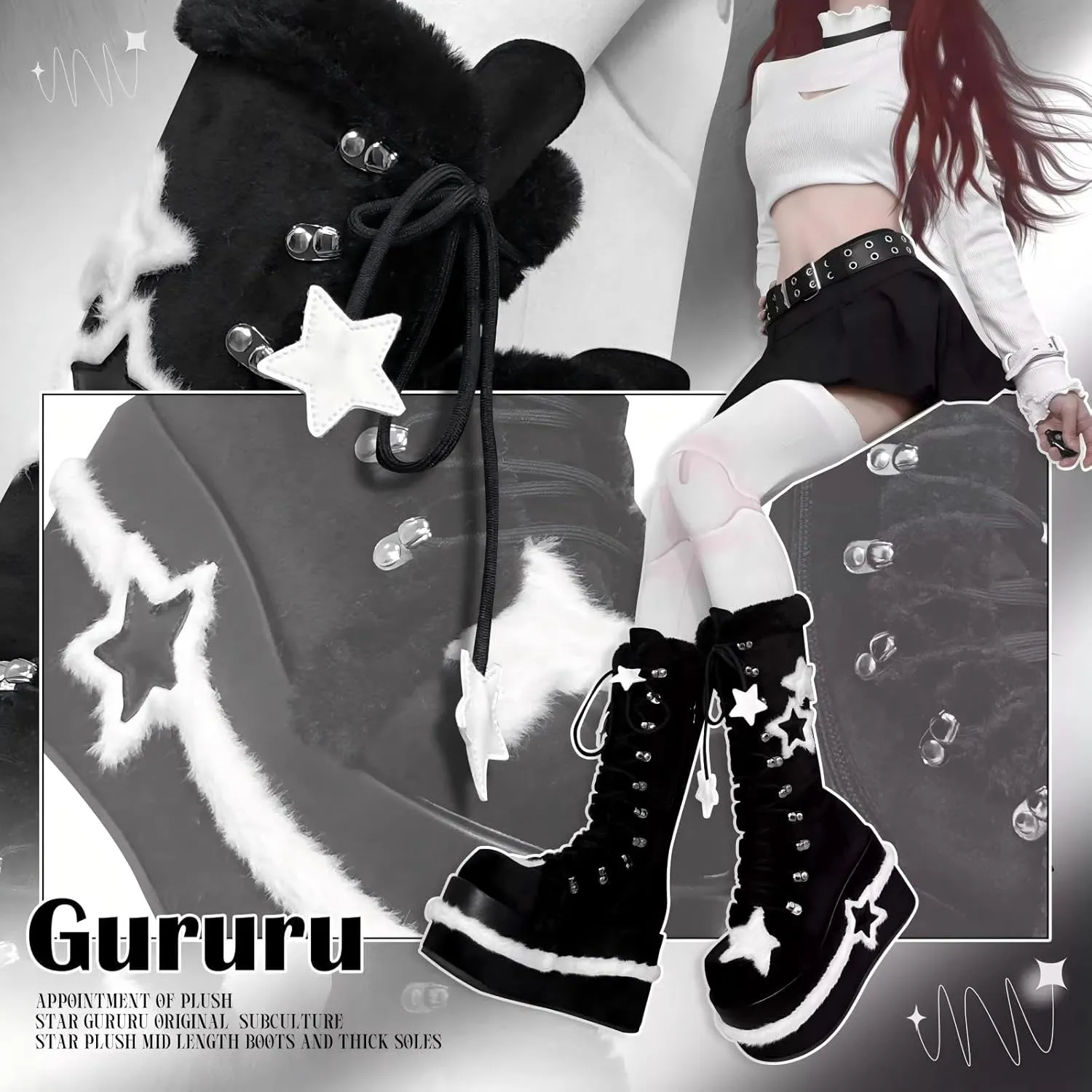 GURURU Women's Goth Boots with Star Shape Elements - Mid Calf, Chunky High Heel, Punk Goth, Warm Fur Platform Boots