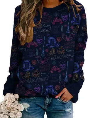 Halloween Pumpkin Sweatshirt Crewneck Pullover - Animal Cat Bat Print Casual Loose Long Sleeve Tops Shirts