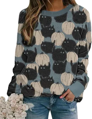 Halloween Pumpkin Sweatshirt Crewneck Pullover - Animal Cat Bat Print Casual Loose Long Sleeve Tops Shirts