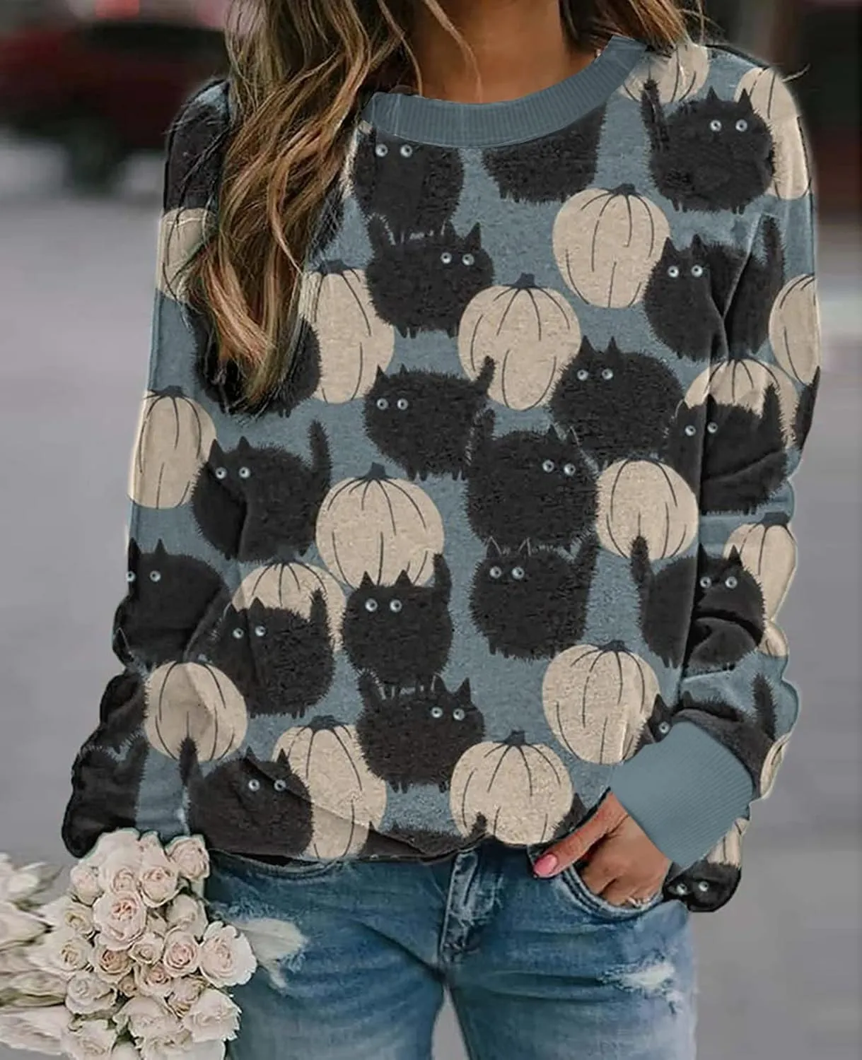 Halloween Pumpkin Sweatshirt Crewneck Pullover - Animal Cat Bat Print Casual Loose Long Sleeve Tops Shirts