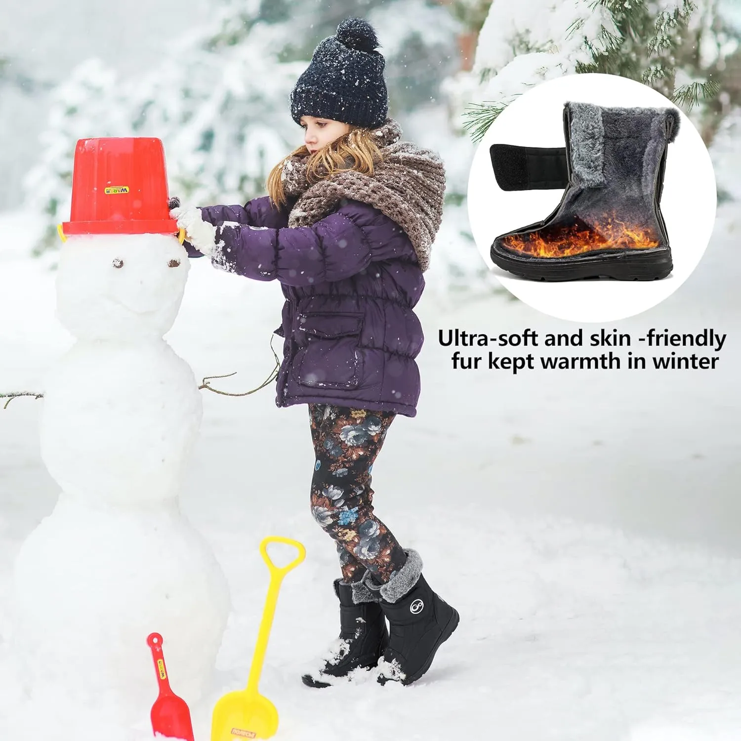 HARENCE Girls Boys Snow Boots: Comfortable Warm Fur Lined Toddler Winter Boot Hook Loop Outdoor Waterproof Slip on Boots for Kids