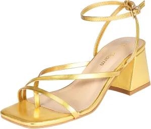 Heels Charm Women's Low Chunky Block Heeled Sandals 2.68 Inches Open Toe Cross Ankle Strap Block High Heel Sandal Dress Dancing Chunky Sandals Daily Work Party Wedding Shoes