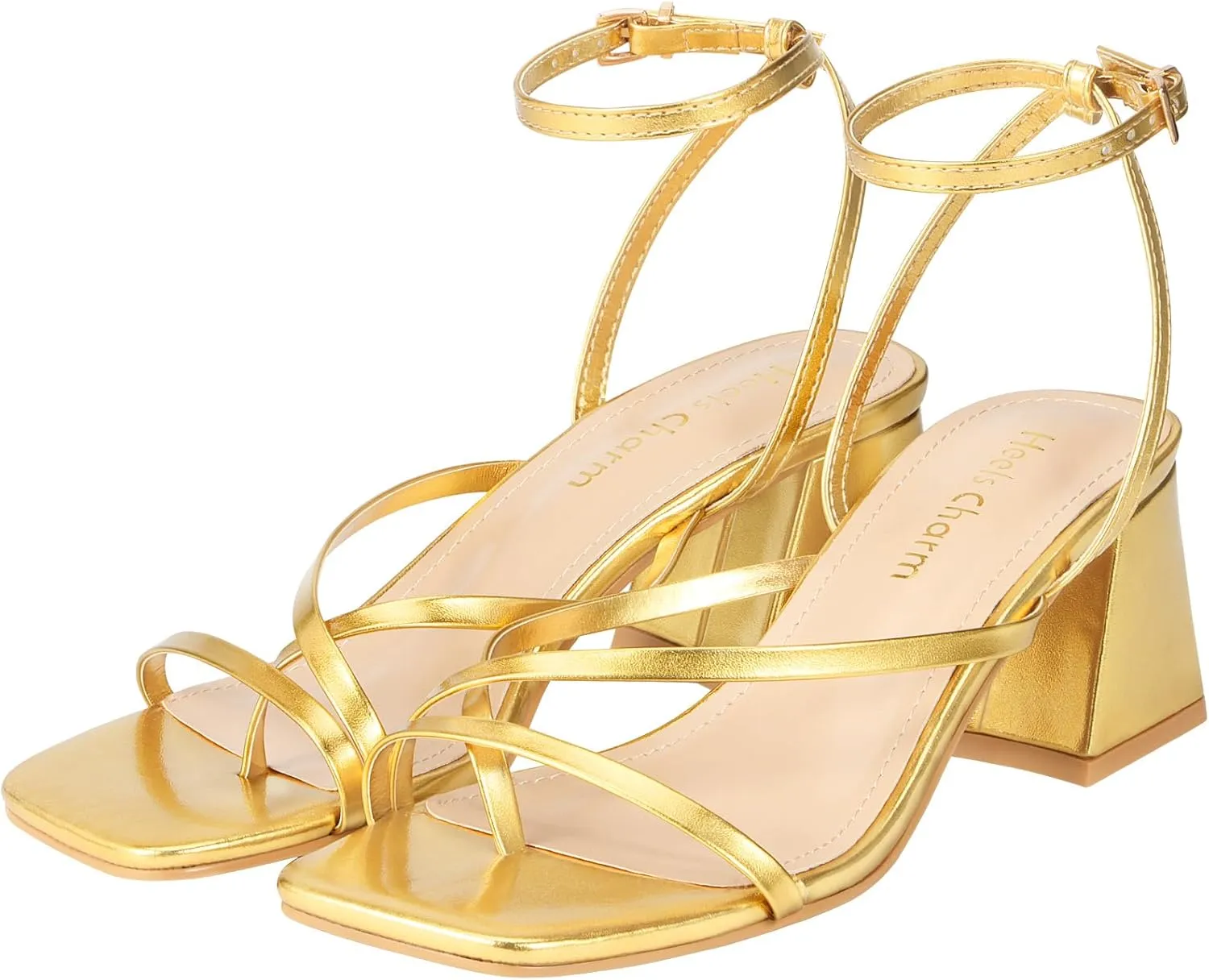 Heels Charm Women's Low Chunky Block Heeled Sandals 2.68 Inches Open Toe Cross Ankle Strap Block High Heel Sandal Dress Dancing Chunky Sandals Daily Work Party Wedding Shoes