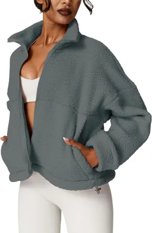 HerGymClothing Womens Sherpa Cropped Jacket Stand Collar Full Zip Long Sleeve Short Fleece Coat With Pockets