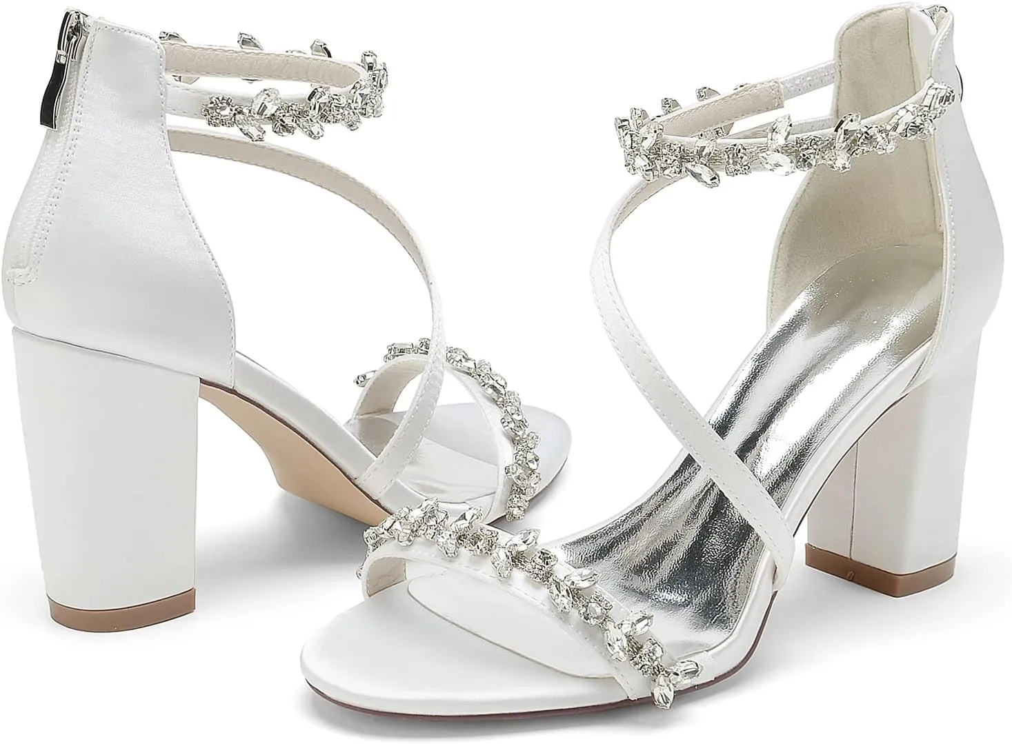 High Heels for Women Sexy Open Toe Rhinestones Chunky Heel Pumps Sandal Wedding Dress Shoes for Bride Bridal Block Heels Heeled Sandals Wide