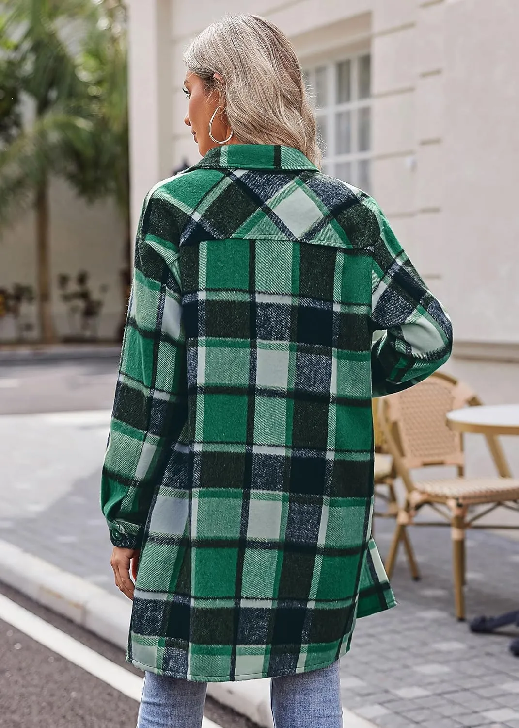 HOTOUCH Womens Flannel Plaid Shacket Jacket Casual Lapel Button Down Tartan Trench Coat Long Sleeve Shirts with Pockets