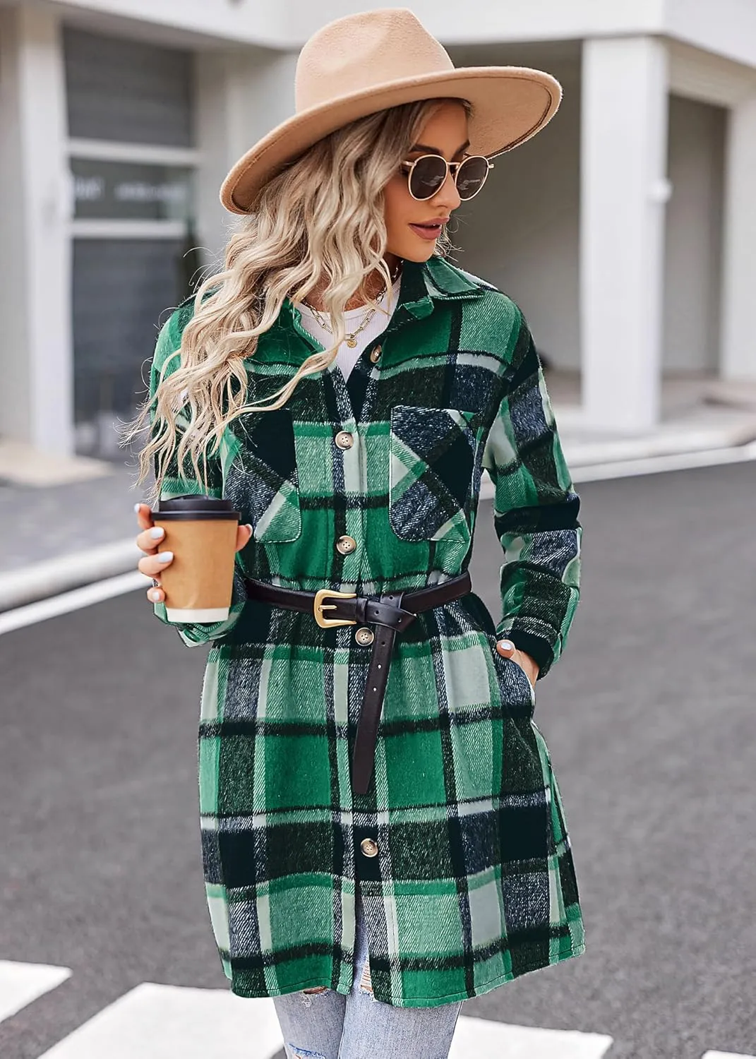 HOTOUCH Womens Flannel Plaid Shacket Jacket Casual Lapel Button Down Tartan Trench Coat Long Sleeve Shirts with Pockets