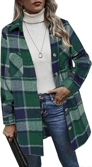 HOTOUCH Womens Flannel Plaid Shacket Jacket Casual Lapel Button Down Tartan Trench Coat Long Sleeve Shirts with Pockets
