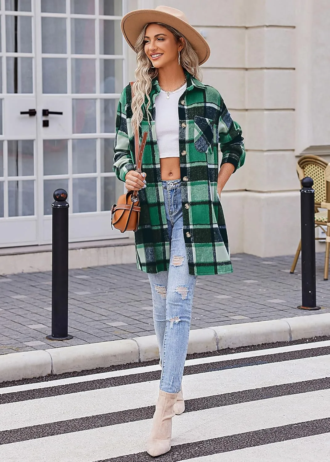 HOTOUCH Womens Flannel Plaid Shacket Jacket Casual Lapel Button Down Tartan Trench Coat Long Sleeve Shirts with Pockets