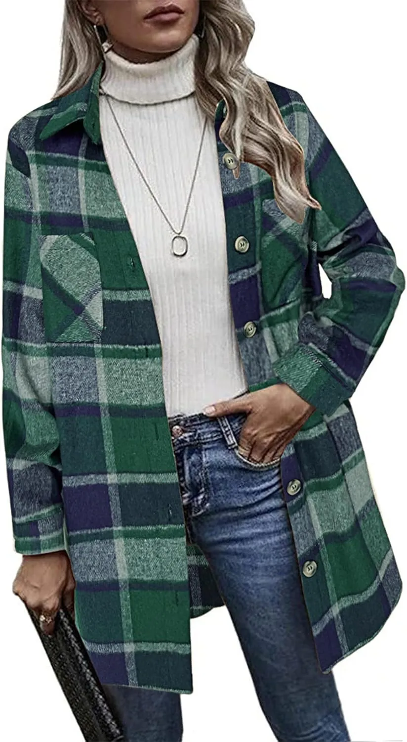 HOTOUCH Womens Flannel Plaid Shacket Jacket Casual Lapel Button Down Tartan Trench Coat Long Sleeve Shirts with Pockets