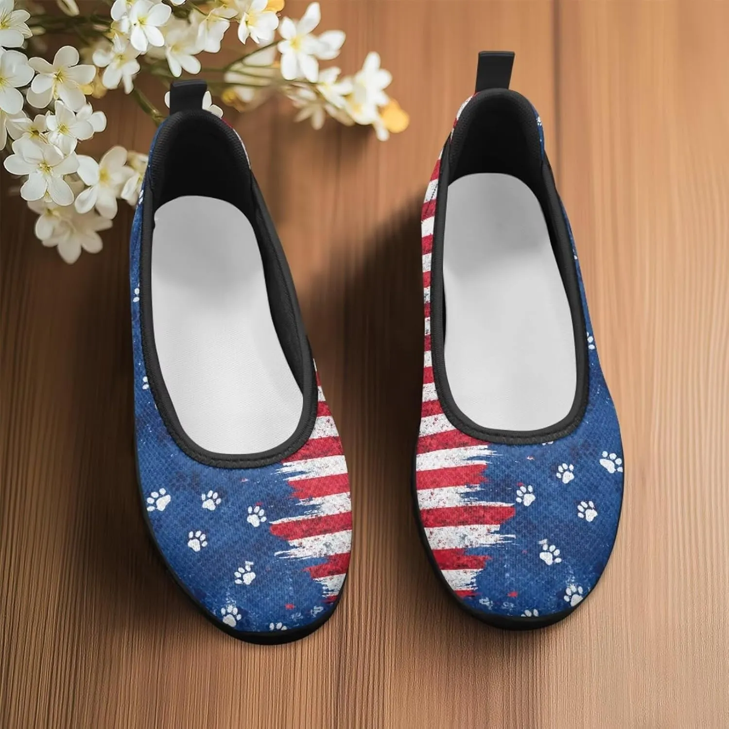 Howilath American Flag Print Flat Shoes for Women Slip on Trekking Shoes Casual Sport Shoes Lightweight Loafers