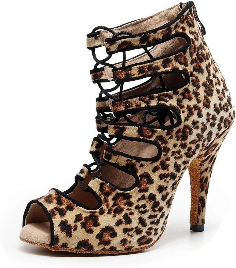 HROYL Open Toe Dance Boots Women Latin Tango Salsa Ballroom High Heel Ankle Dance Shoes,Model QJW7178