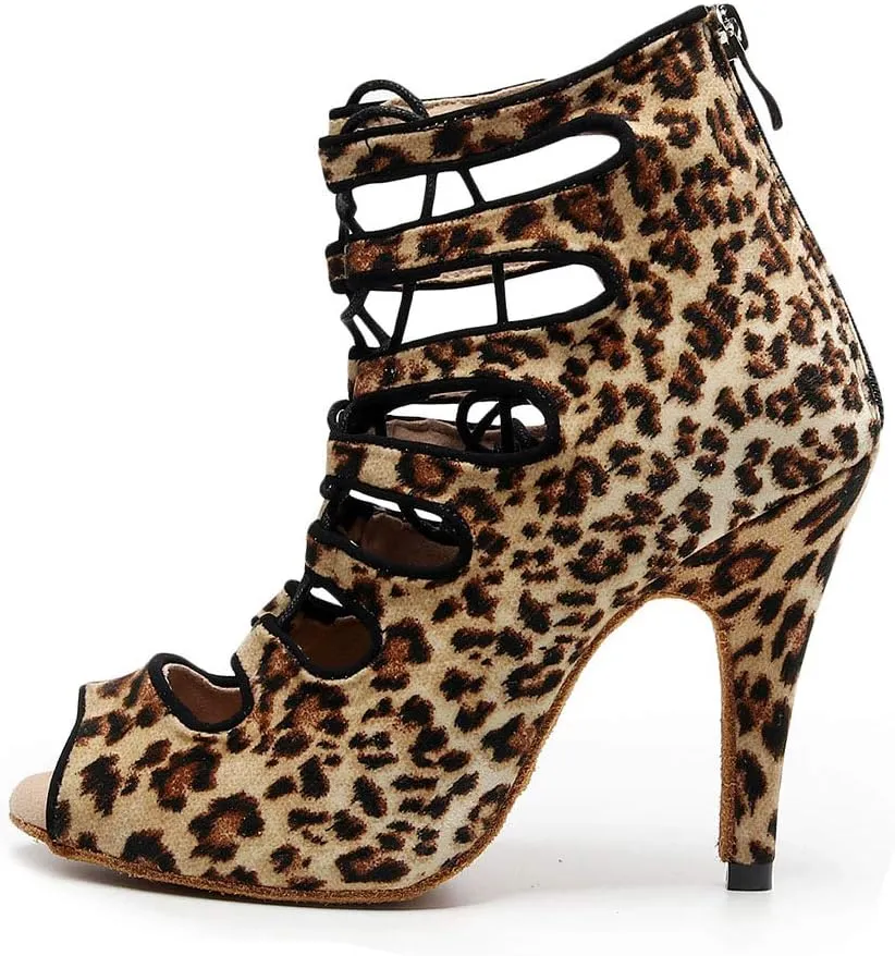 HROYL Open Toe Dance Boots Women Latin Tango Salsa Ballroom High Heel Ankle Dance Shoes,Model QJW7178