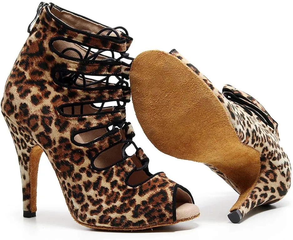 HROYL Open Toe Dance Boots Women Latin Tango Salsa Ballroom High Heel Ankle Dance Shoes,Model QJW7178