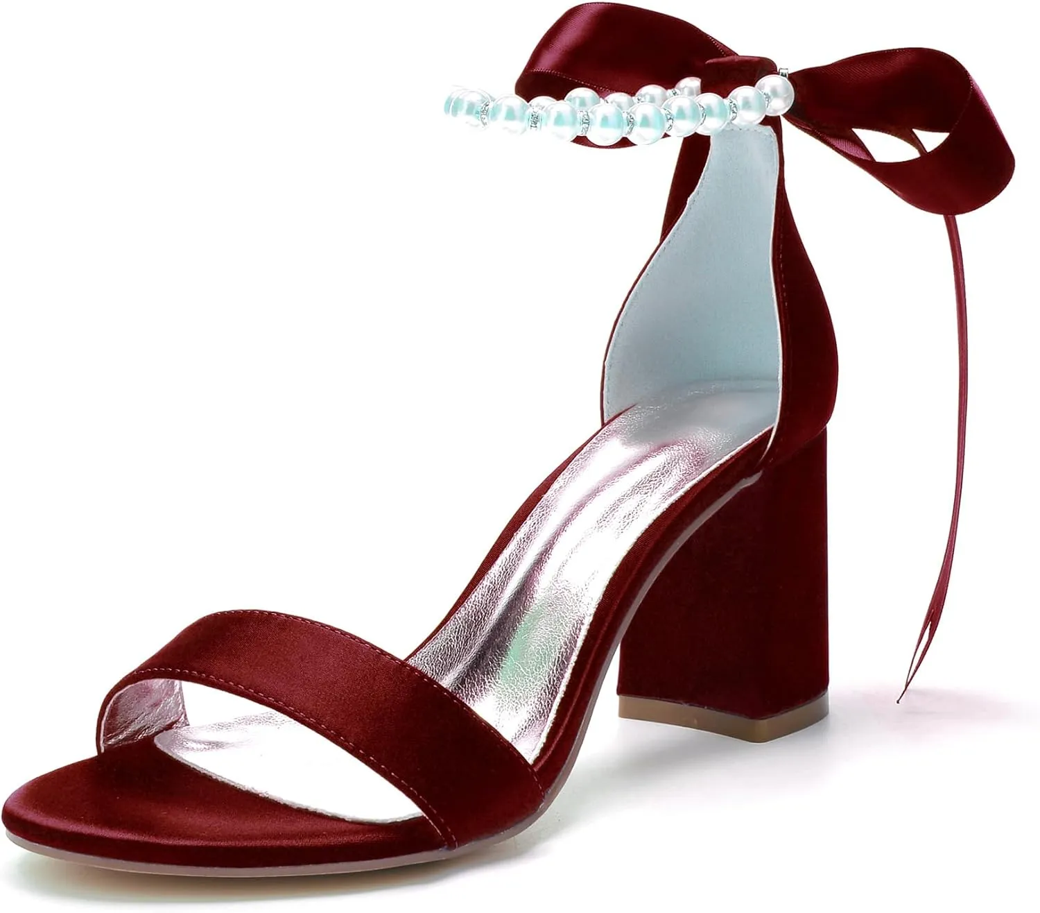 Hyinlays Chunky Block Heels for Women High Heel with Pearls Ankle Strap Wedding Shoes Open Toe Heels Dressy Pumps Sandals