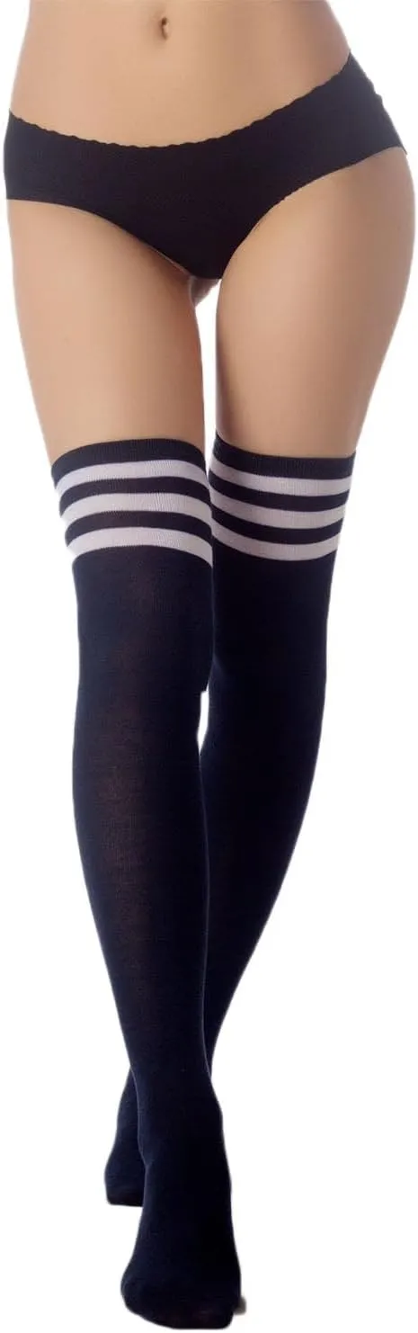 iB-iP Women's Navy Stripes Sports Football Style Hold-up Thigh High Long Socks