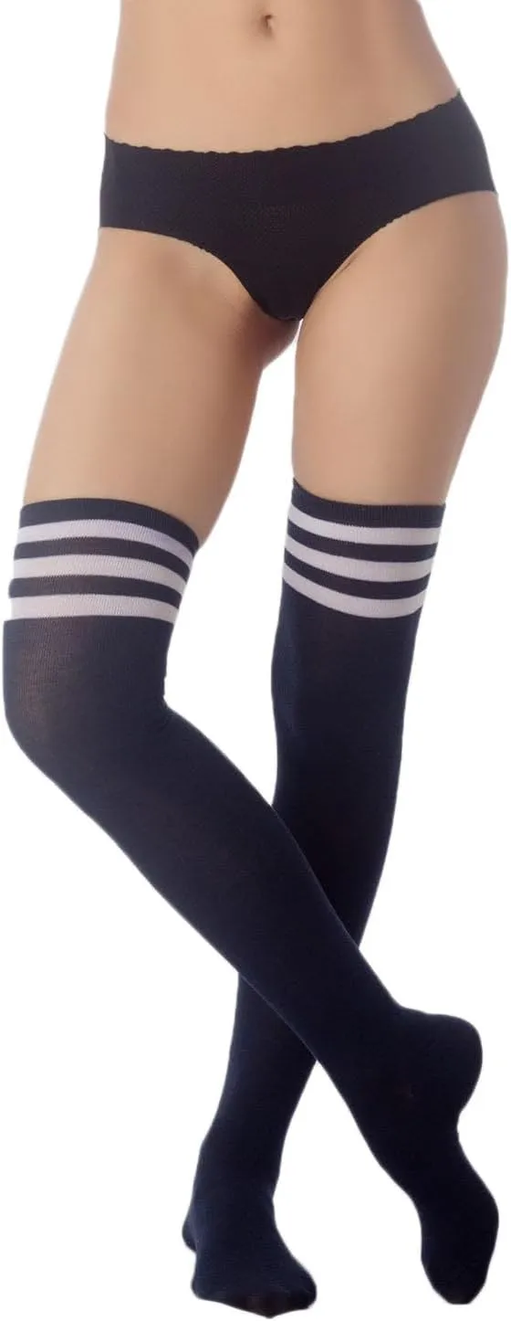 iB-iP Women's Navy Stripes Sports Football Style Hold-up Thigh High Long Socks