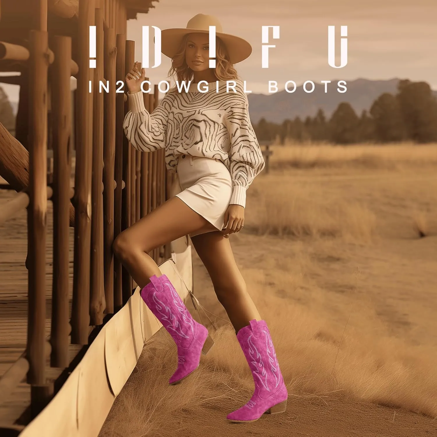 IDIFU IN2 Cowboy Boots for Women Mid Calf Cowgirl Boots Embroidered Western Boots Chunky Low Heel Pointed Toe Country Boots Cute Fashion Booties for Women Dress Wedding Heeled Boots