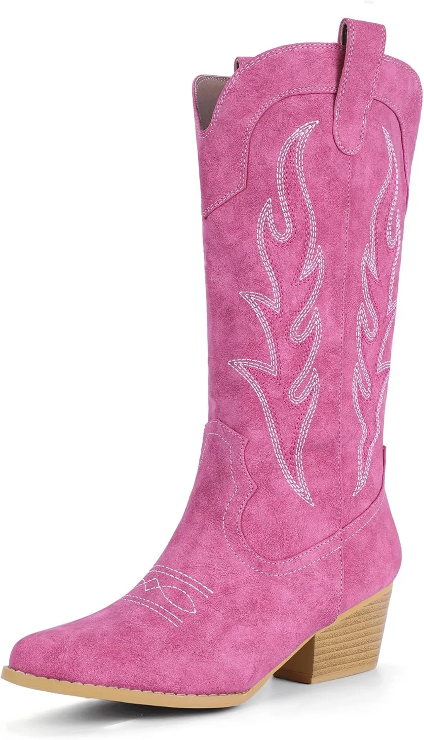 IDIFU IN2 Cowboy Boots for Women Mid Calf Cowgirl Boots Embroidered Western Boots Chunky Low Heel Pointed Toe Country Boots Cute Fashion Booties for Women Dress Wedding Heeled Boots
