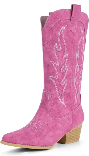 IDIFU IN2 Cowboy Boots for Women Mid Calf Cowgirl Boots Embroidered Western Boots Chunky Low Heel Pointed Toe Country Boots Cute Fashion Booties for Women Dress Wedding Heeled Boots