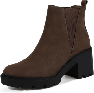 IDIFU IN3 Chelsea Ankle Boots Womens Boots Low Short Block Chunky Thick Heel Fall Boots Ladies Bride Wedding Slip On Closed Round Toe Booties Comfort Cute Trendy Stylish V Shaped Opening Dressy Boots