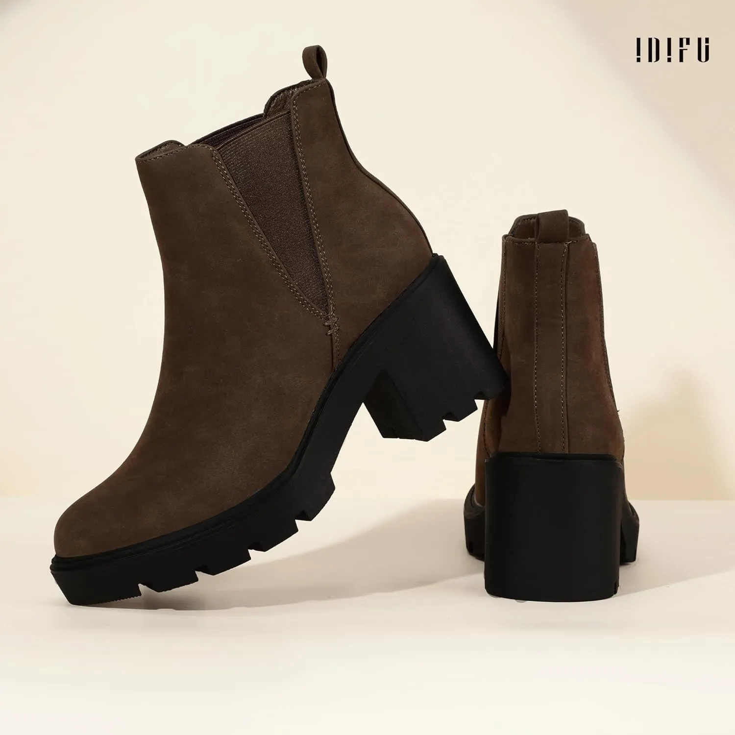 IDIFU IN3 Chelsea Ankle Boots Womens Boots Low Short Block Chunky Thick Heel Fall Boots Ladies Bride Wedding Slip On Closed Round Toe Booties Comfort Cute Trendy Stylish V Shaped Opening Dressy Boots