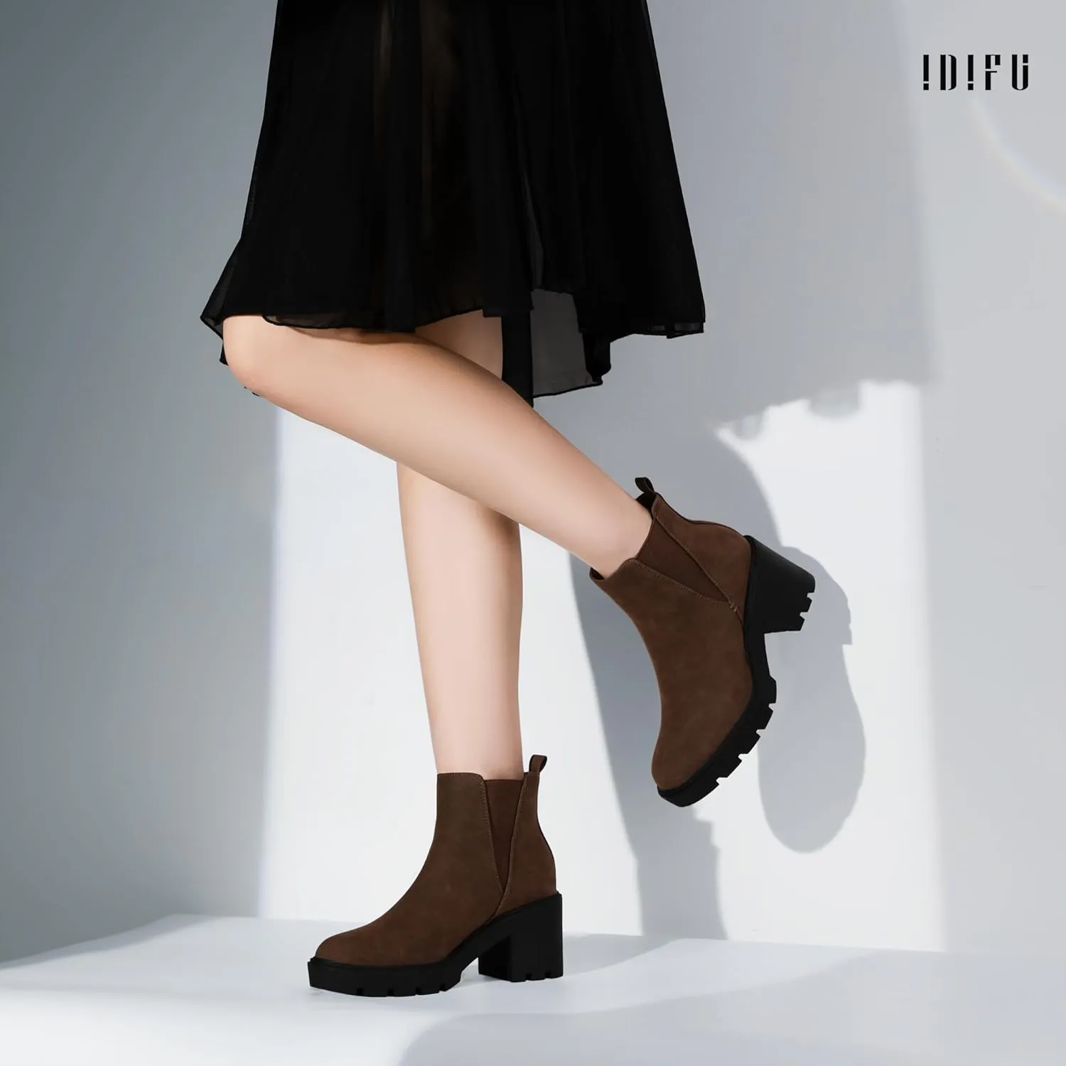 IDIFU IN3 Chelsea Ankle Boots Womens Boots Low Short Block Chunky Thick Heel Fall Boots Ladies Bride Wedding Slip On Closed Round Toe Booties Comfort Cute Trendy Stylish V Shaped Opening Dressy Boots