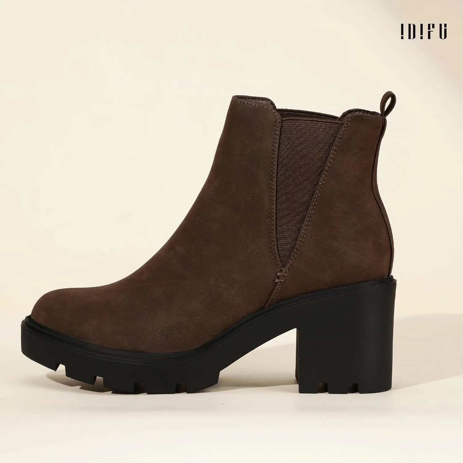 IDIFU IN3 Chelsea Ankle Boots Womens Boots Low Short Block Chunky Thick Heel Fall Boots Ladies Bride Wedding Slip On Closed Round Toe Booties Comfort Cute Trendy Stylish V Shaped Opening Dressy Boots