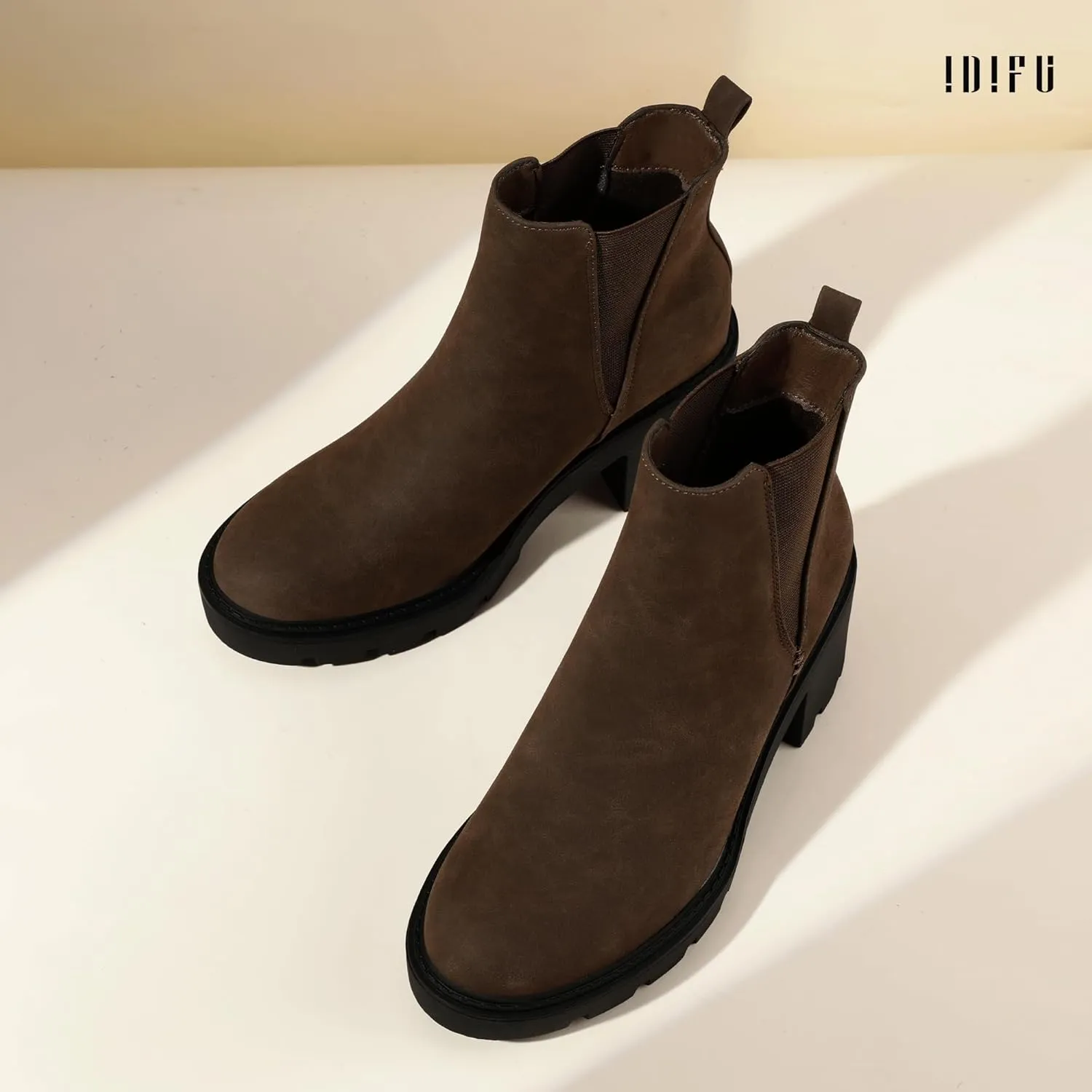IDIFU IN3 Chelsea Ankle Boots Womens Boots Low Short Block Chunky Thick Heel Fall Boots Ladies Bride Wedding Slip On Closed Round Toe Booties Comfort Cute Trendy Stylish V Shaped Opening Dressy Boots