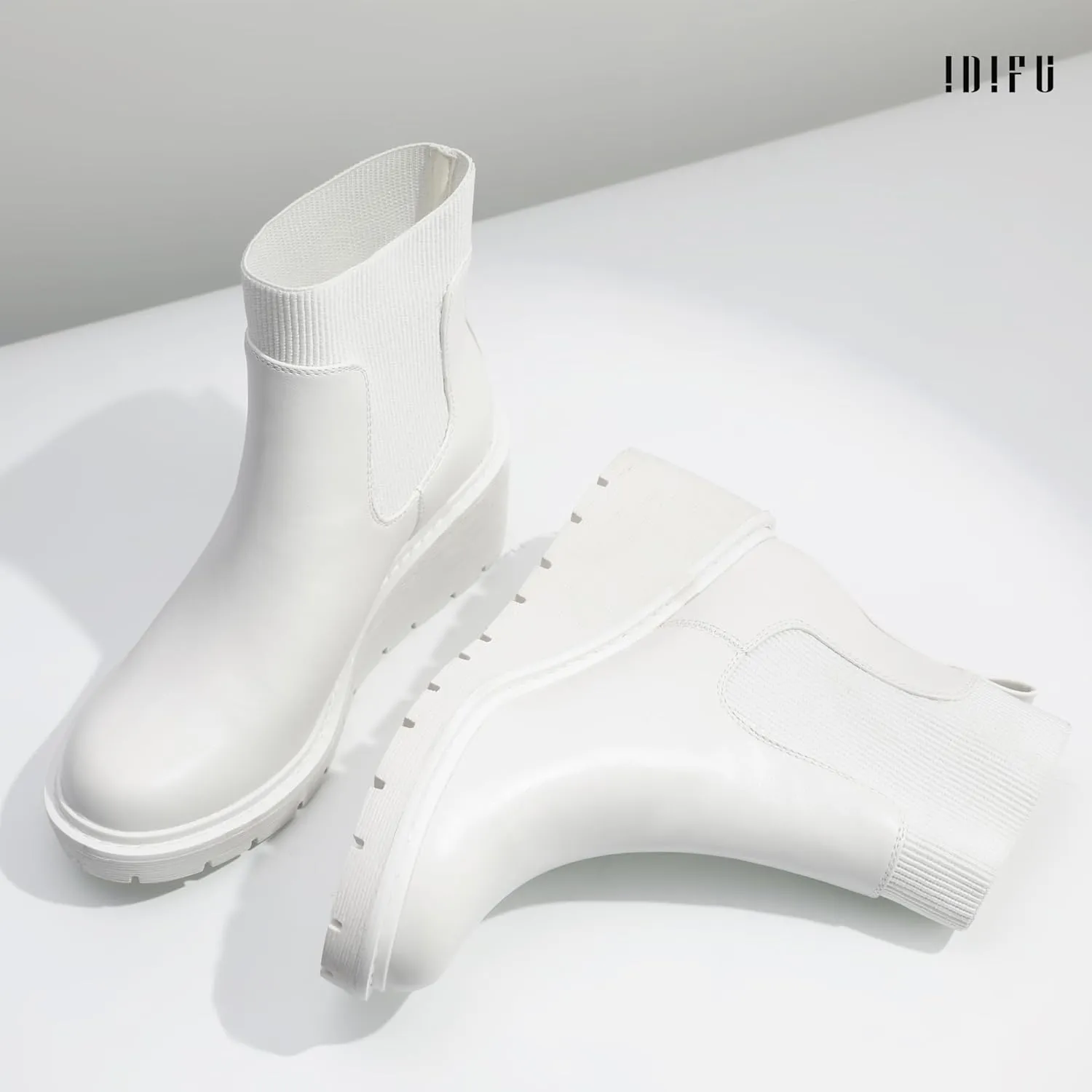 IDIFU IN3 Platform Chelsea Boots for Women Low Short Wedges Ankle Boots Lug Sole Trendy Fashion Comfortable Fall Dress Booties Slip On Elastic Casual Work Daily Round Toe Ladies Boots