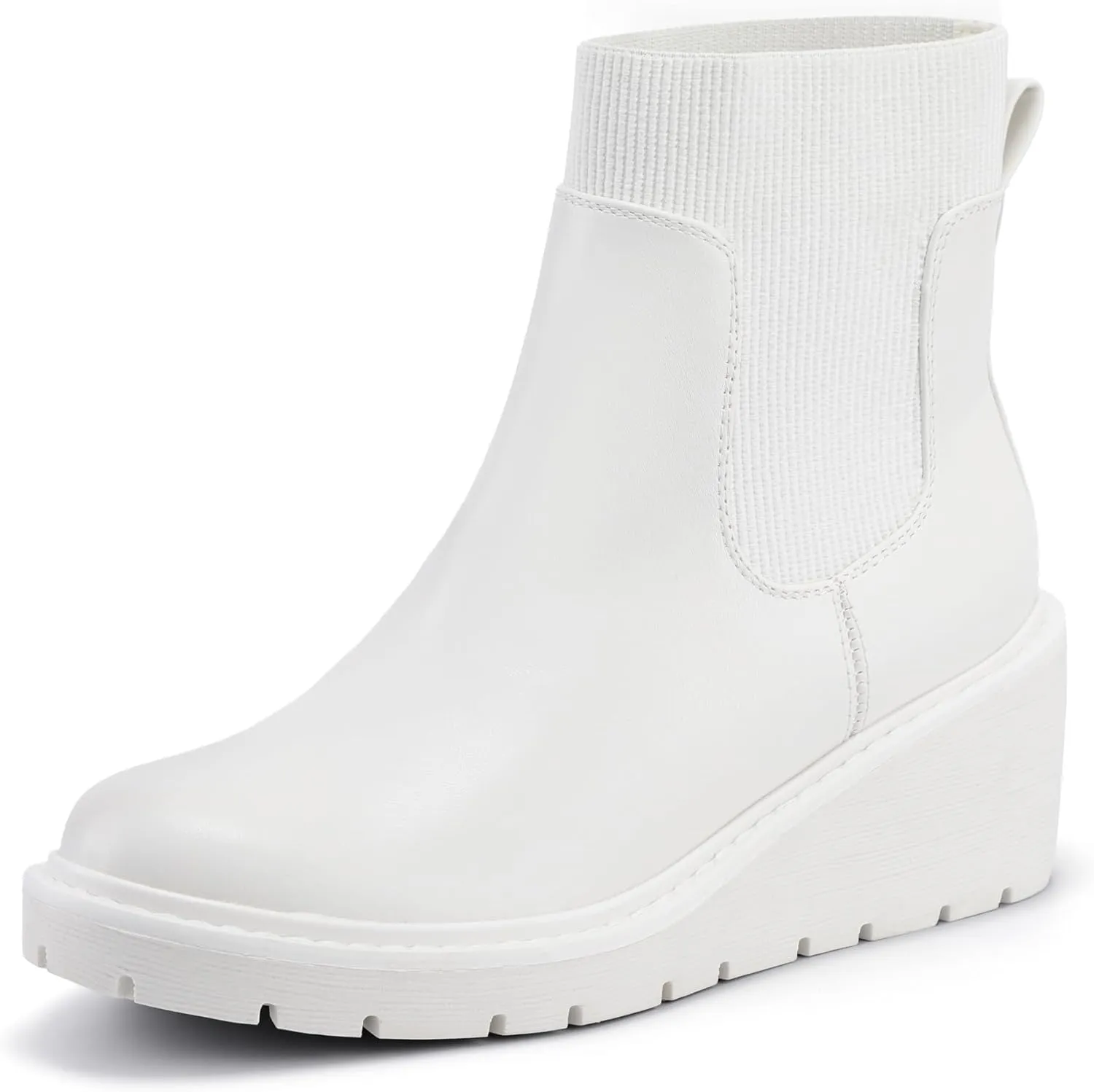 IDIFU IN3 Platform Chelsea Boots for Women Low Short Wedges Ankle Boots Lug Sole Trendy Fashion Comfortable Fall Dress Booties Slip On Elastic Casual Work Daily Round Toe Ladies Boots