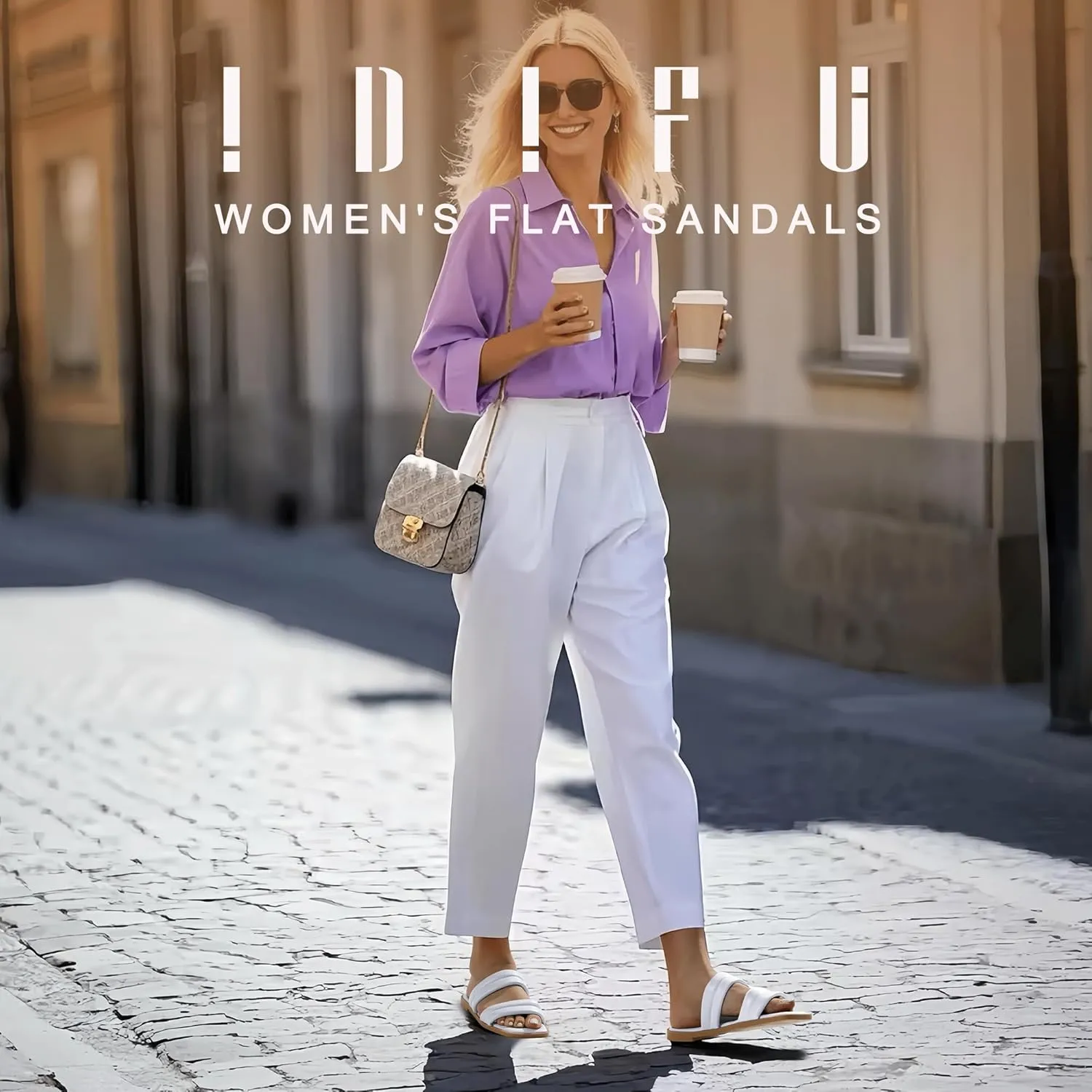 IDIFU Women's Flat Sandals for Women Square Open Toe Two Soft Band Slip On Summer Comfortable Dressy Slide Beach Casual Wedding Dress Sandals
