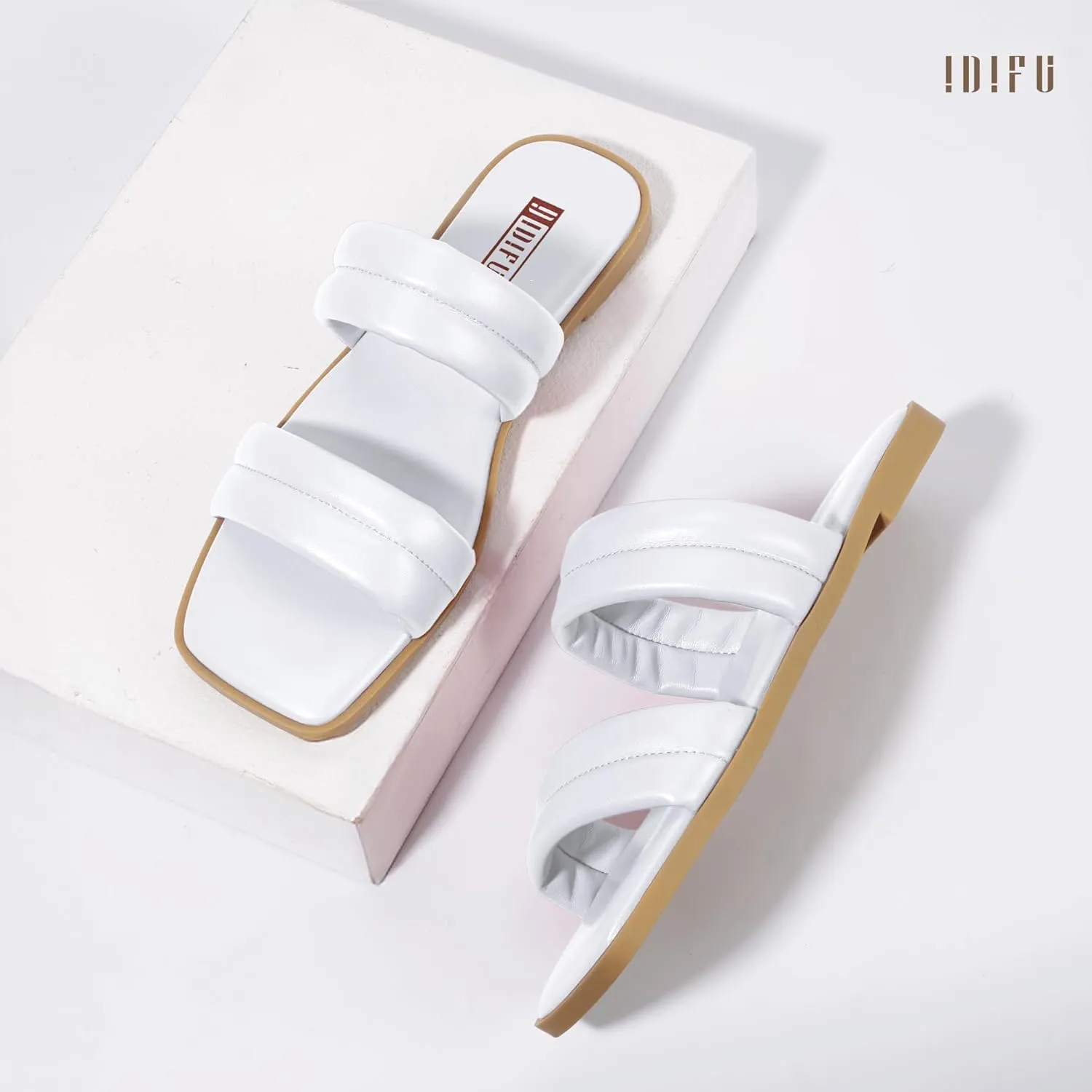 IDIFU Women's Flat Sandals for Women Square Open Toe Two Soft Band Slip On Summer Comfortable Dressy Slide Beach Casual Wedding Dress Sandals