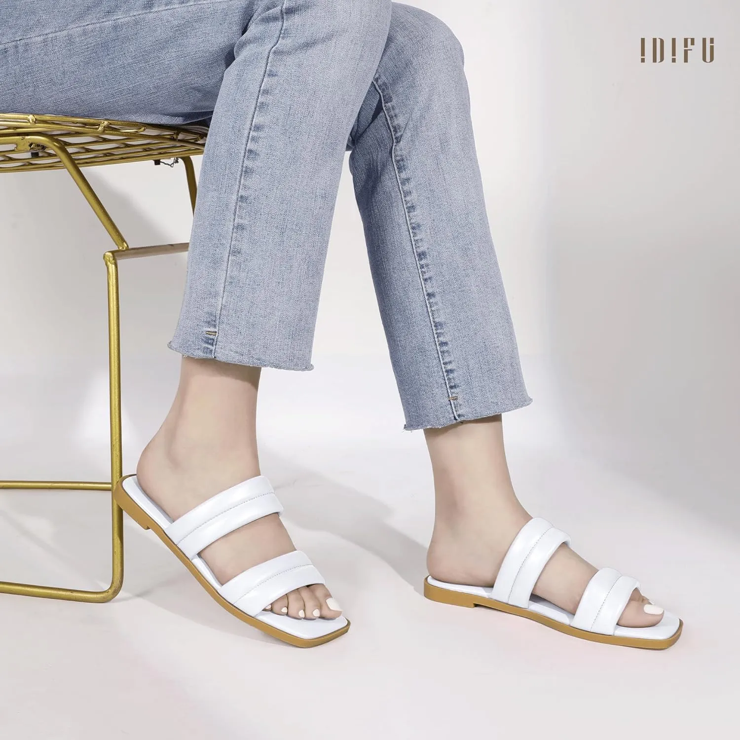 IDIFU Women's Flat Sandals for Women Square Open Toe Two Soft Band Slip On Summer Comfortable Dressy Slide Beach Casual Wedding Dress Sandals