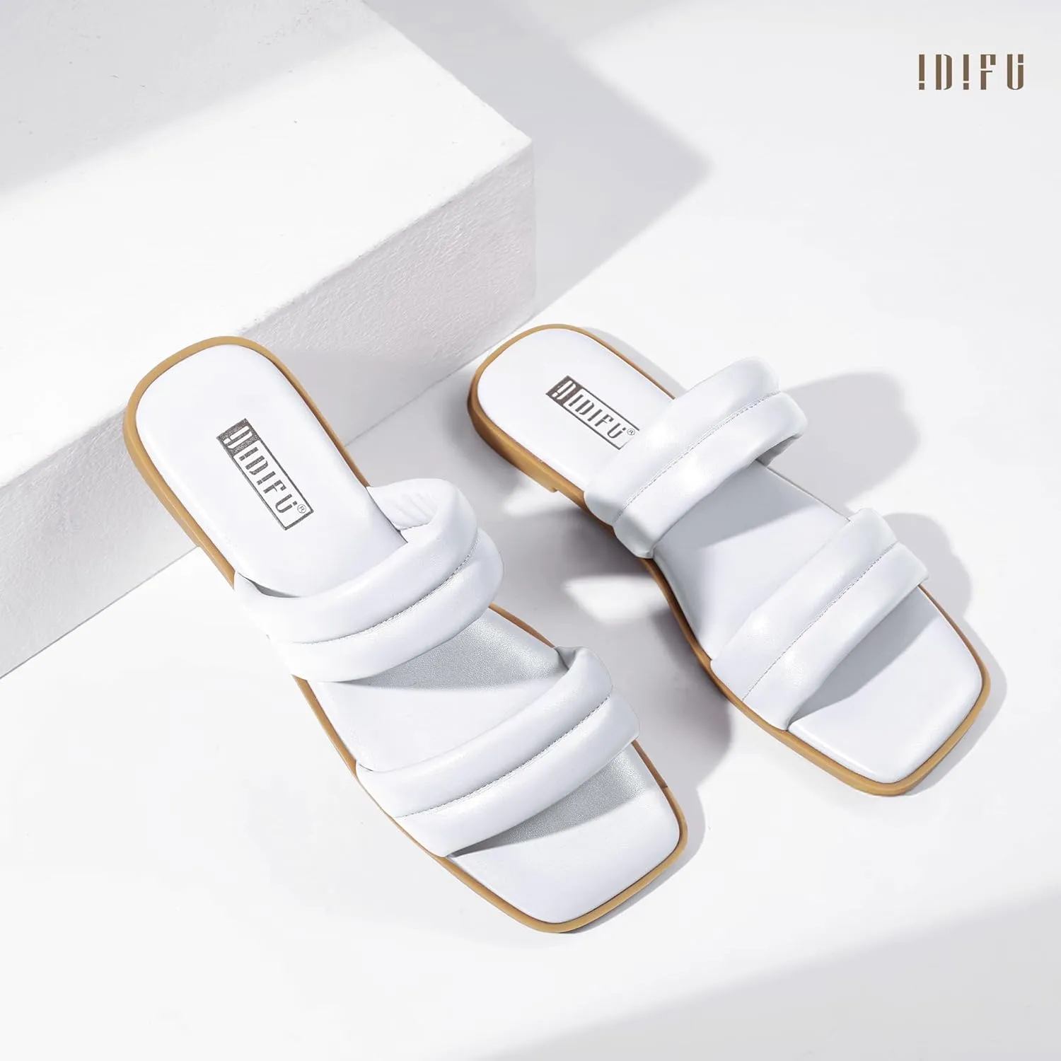 IDIFU Women's Flat Sandals for Women Square Open Toe Two Soft Band Slip On Summer Comfortable Dressy Slide Beach Casual Wedding Dress Sandals