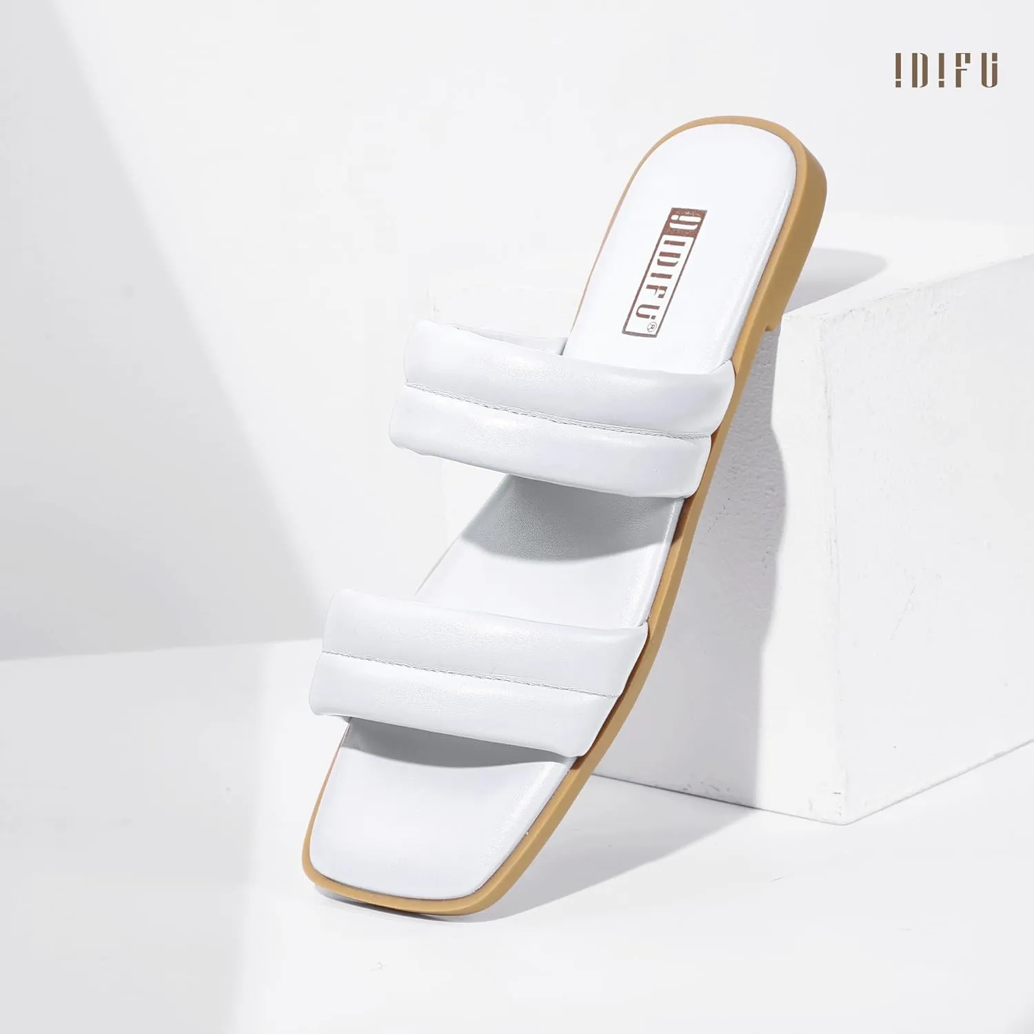 IDIFU Women's Flat Sandals for Women Square Open Toe Two Soft Band Slip On Summer Comfortable Dressy Slide Beach Casual Wedding Dress Sandals