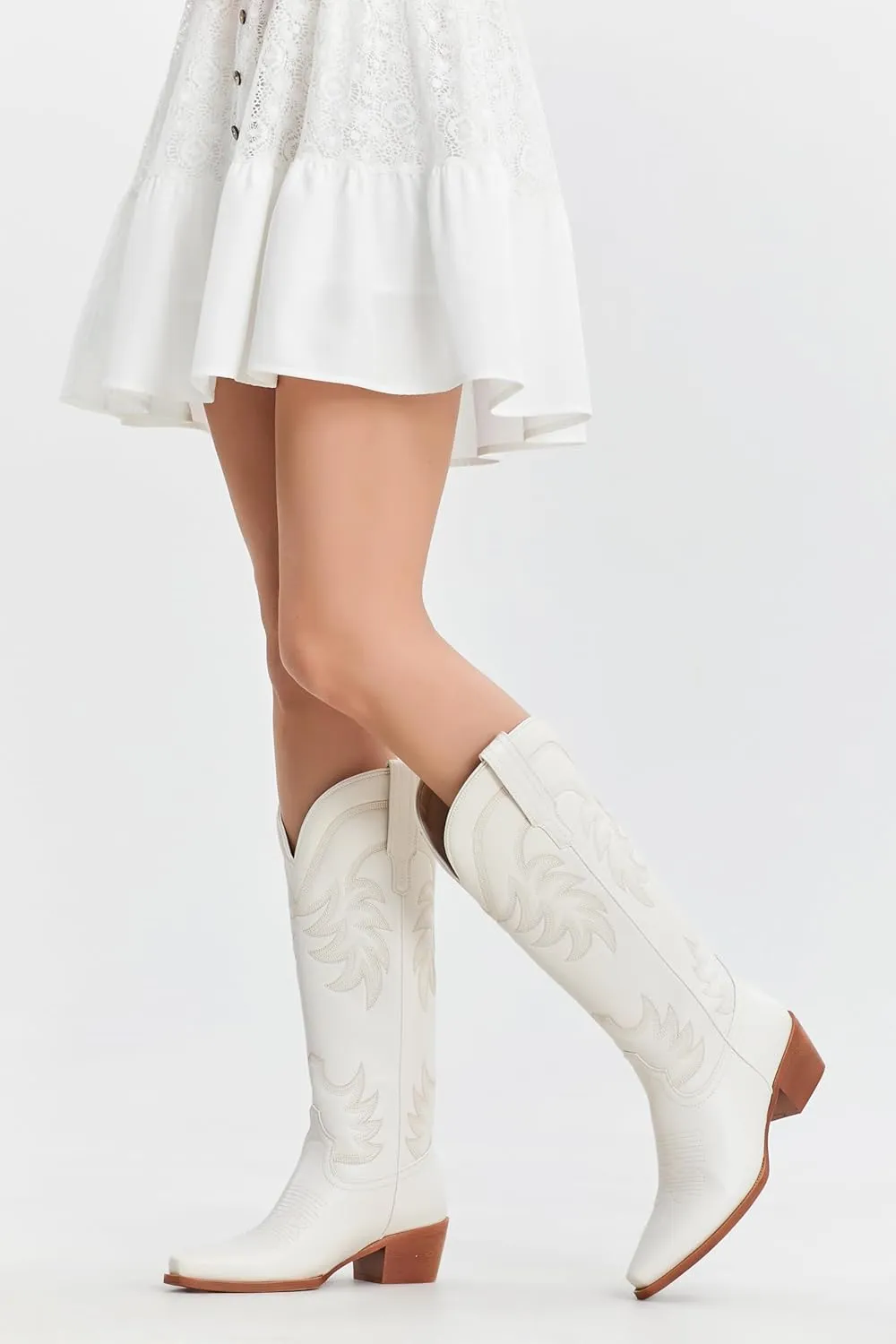 iiimmu Cowgirl Boots Women Knee High Boots Pointed Toe and Block Heel Cowboy Suede and Faux Leather Boots with Embroidered