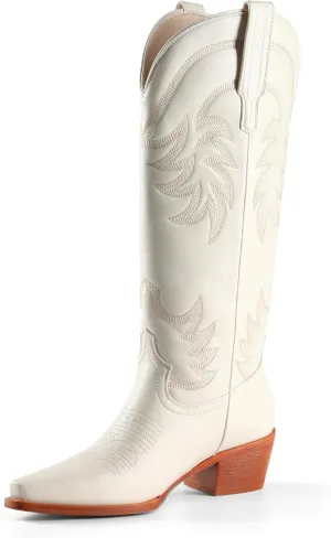 iiimmu Cowgirl Boots Women Knee High Boots Pointed Toe and Block Heel Cowboy Suede and Faux Leather Boots with Embroidered