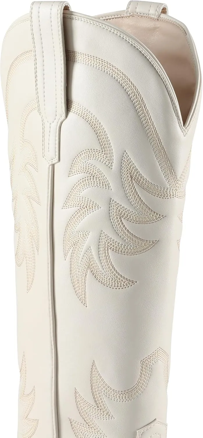 iiimmu Cowgirl Boots Women Knee High Boots Pointed Toe and Block Heel Cowboy Suede and Faux Leather Boots with Embroidered