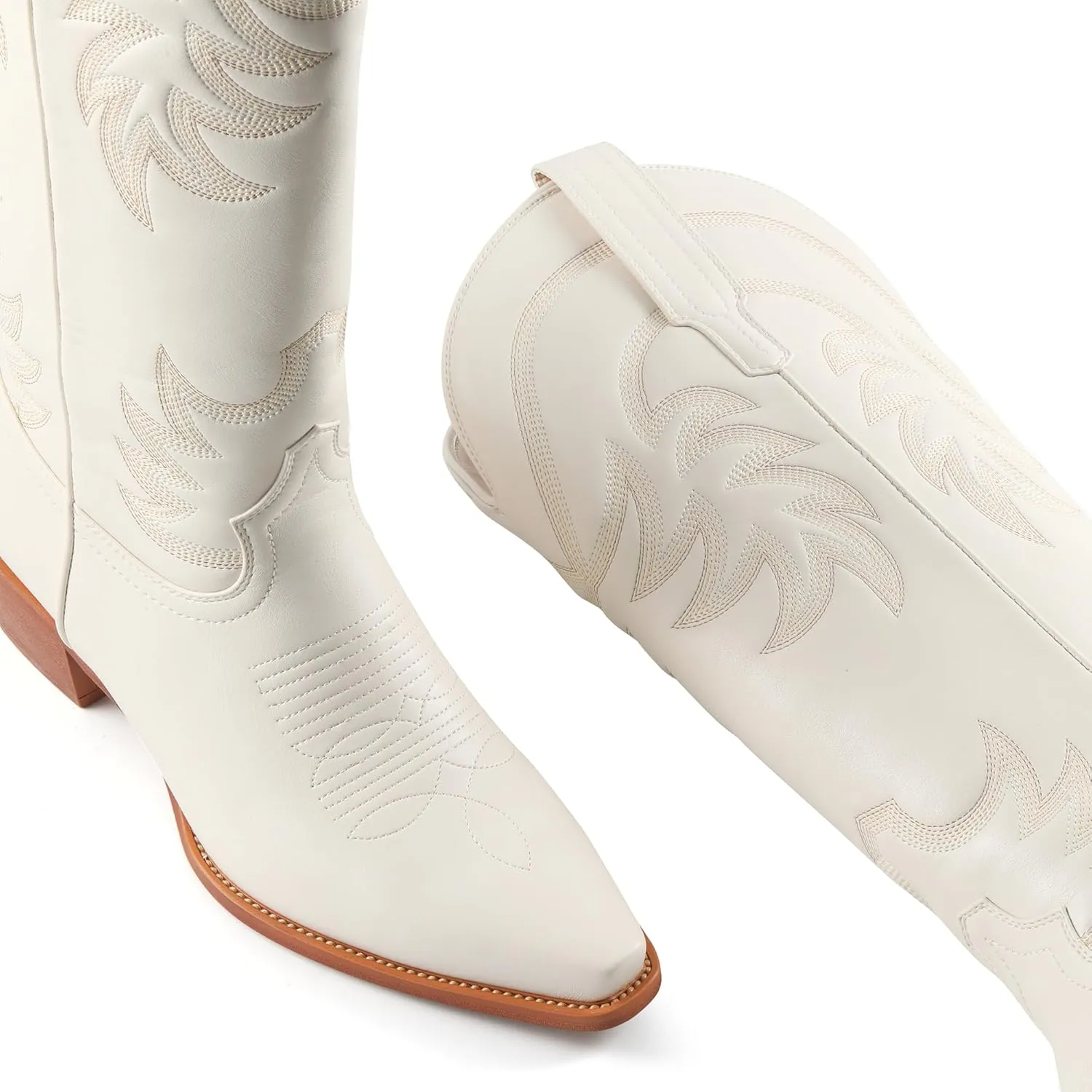 iiimmu Cowgirl Boots Women Knee High Boots Pointed Toe and Block Heel Cowboy Suede and Faux Leather Boots with Embroidered
