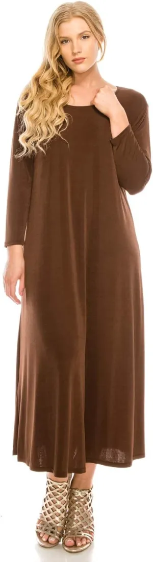 Jostar Women's Print Long Midi Dress – 3/4 Sleeve Stretch Casual Swing Flowy Solid T Shirt One Piece
