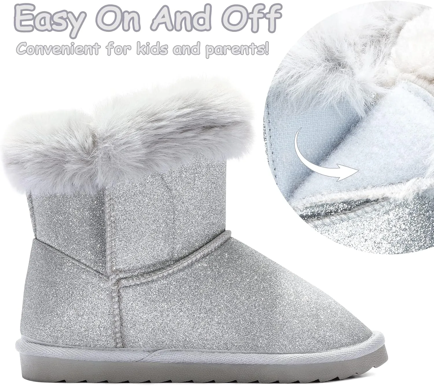 K KomForme Girls Snow Boots Warm Fur Lined Glitter Strap Winter Shoes Lightweight with Hook-and-loop(Toddler/Little Kids/Big Kids)