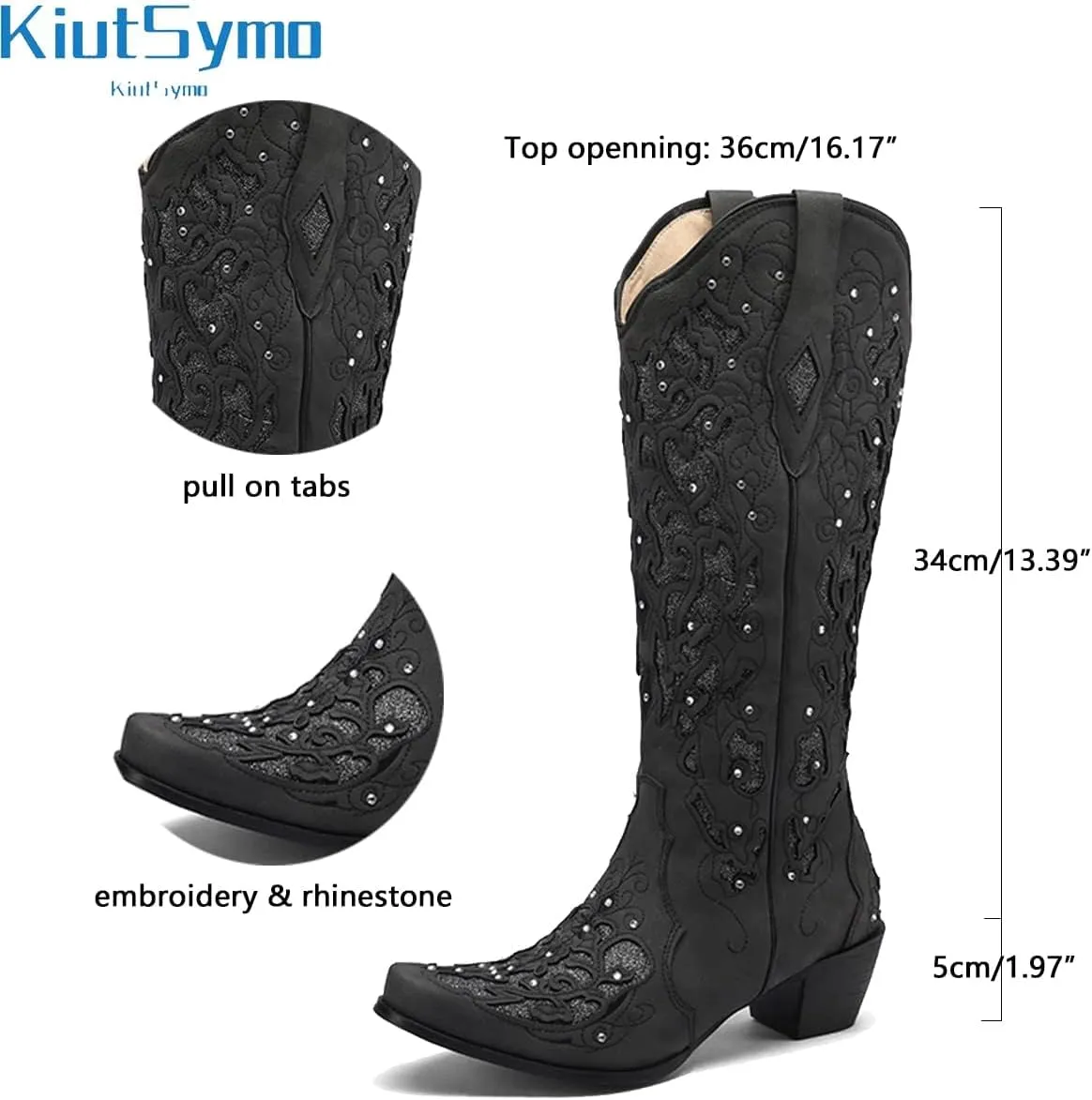 KiutSymo Glitter Rhinestone Cowboy Boots For Women Vintage Embroidered Cowgirl Boots Mid Calf Chunky Heel Sparkly Wedding Western Boots