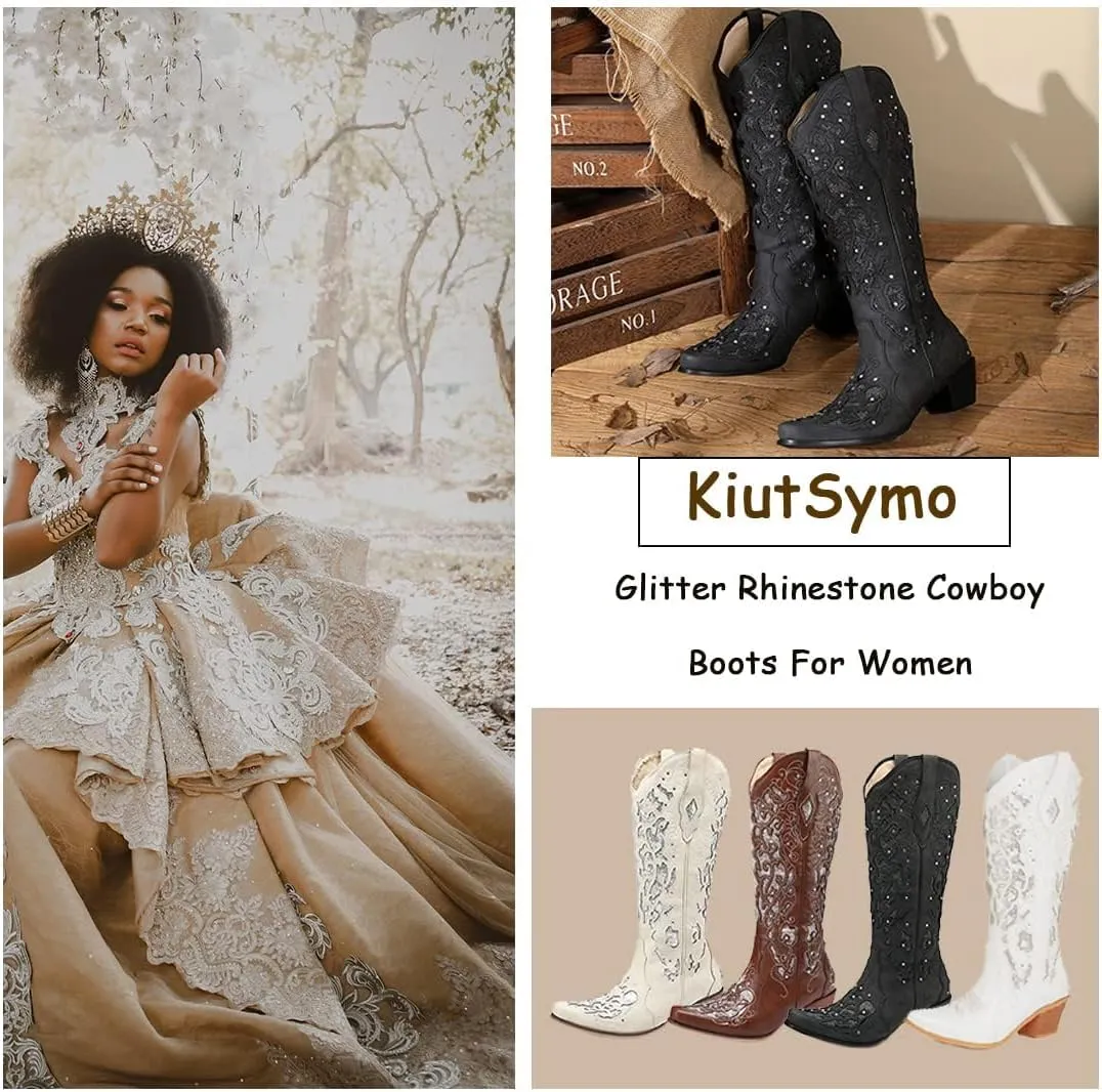 KiutSymo Glitter Rhinestone Cowboy Boots For Women Vintage Embroidered Cowgirl Boots Mid Calf Chunky Heel Sparkly Wedding Western Boots