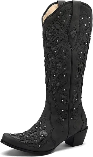 KiutSymo Glitter Rhinestone Cowboy Boots For Women Vintage Embroidered Cowgirl Boots Mid Calf Chunky Heel Sparkly Wedding Western Boots