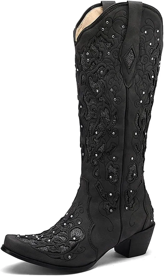 KiutSymo Glitter Rhinestone Cowboy Boots For Women Vintage Embroidered Cowgirl Boots Mid Calf Chunky Heel Sparkly Wedding Western Boots