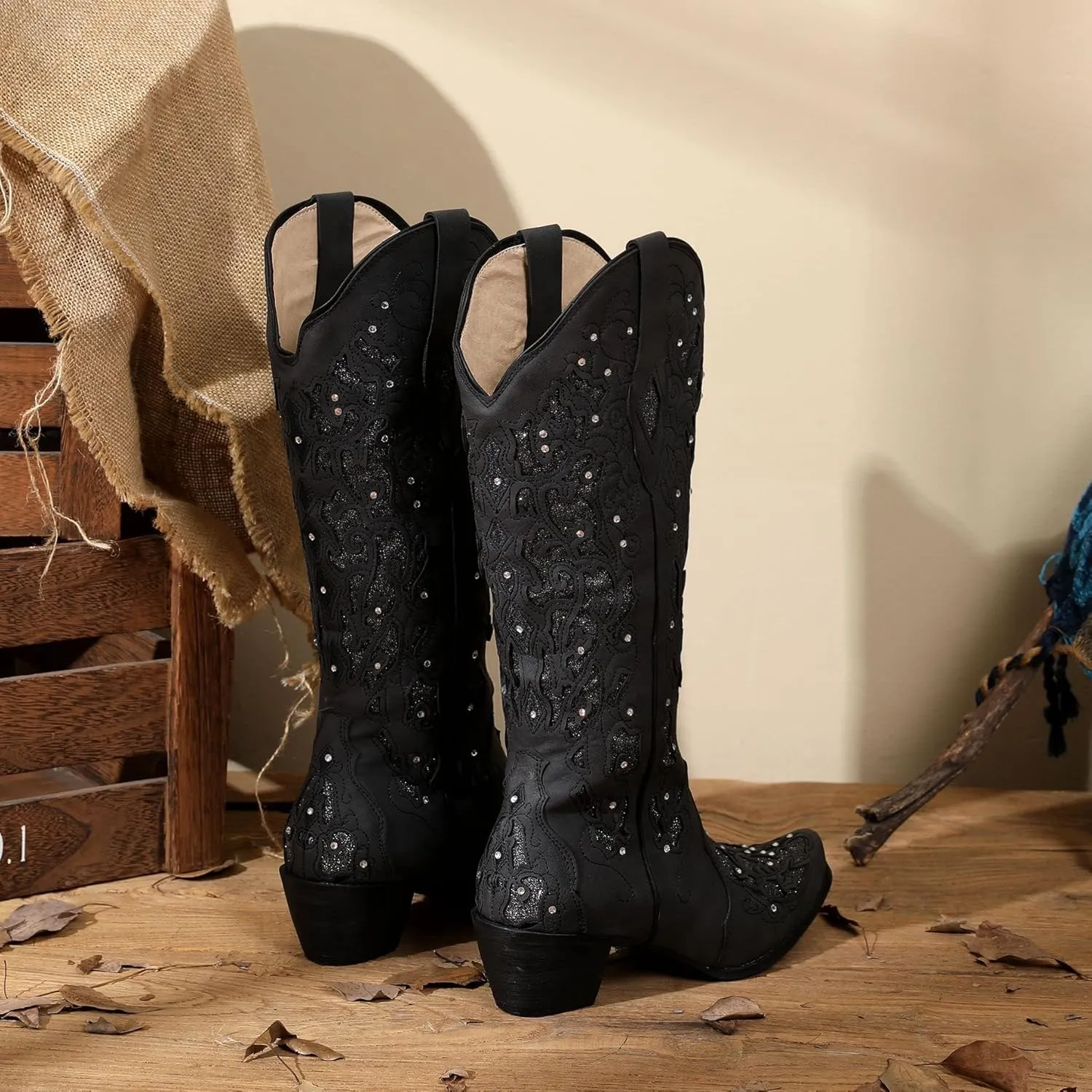 KiutSymo Glitter Rhinestone Cowboy Boots For Women Vintage Embroidered Cowgirl Boots Mid Calf Chunky Heel Sparkly Wedding Western Boots
