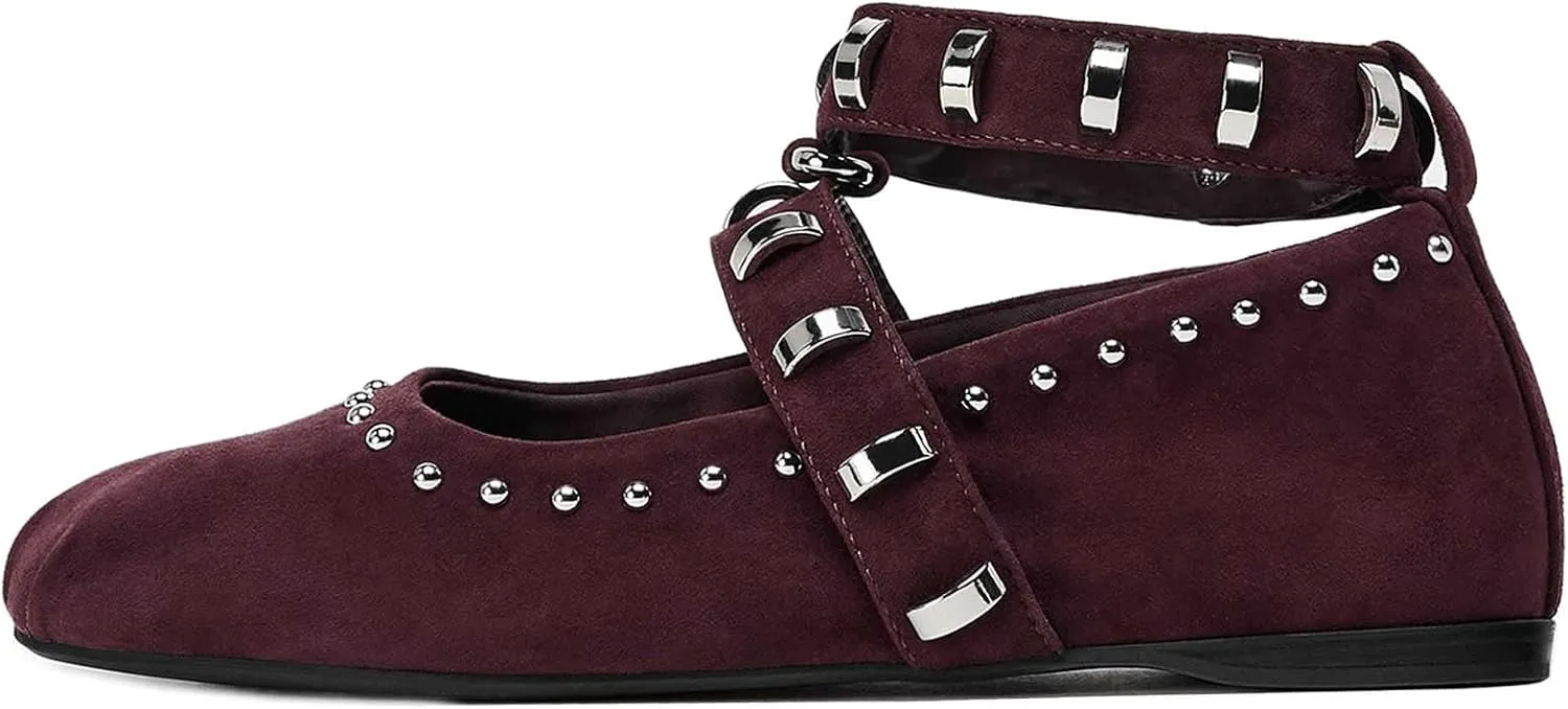 Kluolandi Women's Studded Flats with Strap Round Toe Ankle Strap Ballet Flats Shoes for Women Ballerinas